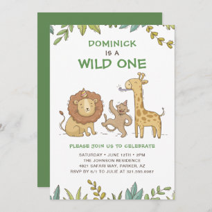 Wild One Safari Animals Cute Boy First Birthday Invitation