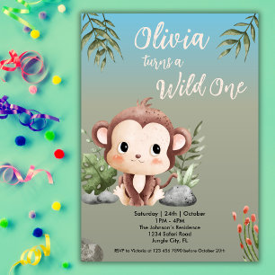 Wild One Safari Animals Cute Monkey 1st Birthday  Invitation