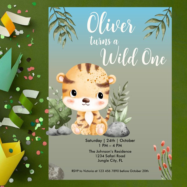 Wild One Safari Animals Cute Tiger 1st Birthday Invitation (Creator Uploaded)