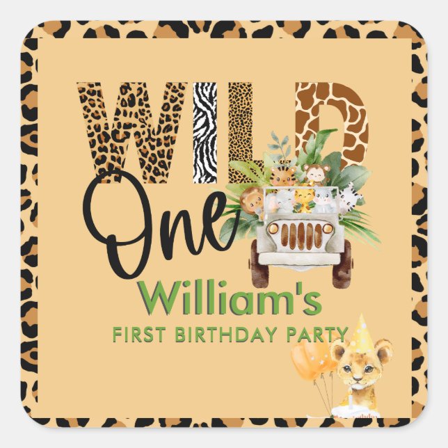 Wild One Safari Animals First Birthday Boy  Square Sticker (Front)