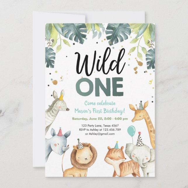 Wild One Safari Animals First Birthday Invitation (Front)