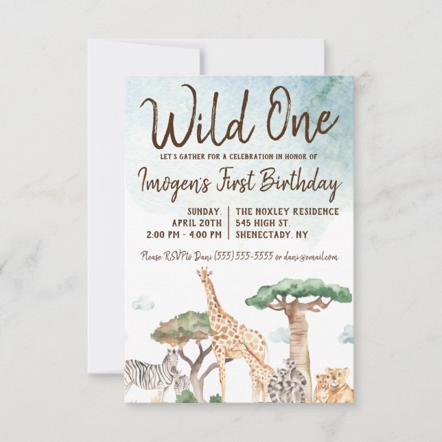 Wild One Safari Animals First Birthday Invitation (Front)