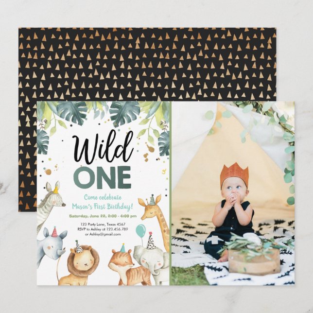 Wild One Safari Animals First Birthday Invitation (Front/Back)