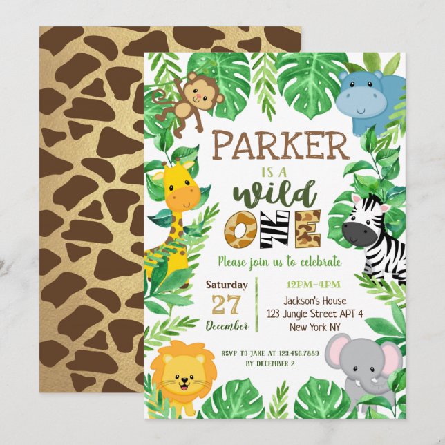 Wild One Safari Animals First Birthday Invitations (Front/Back)
