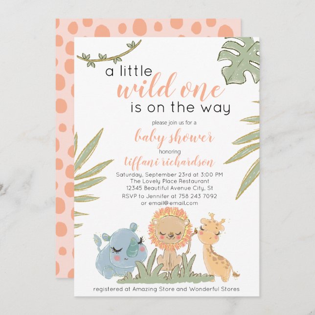 Wild One Safari Animals Girl Baby Shower  Invitation (Front/Back)