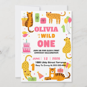 Wild One Safari Animals girl's 1st Birthday Invitation