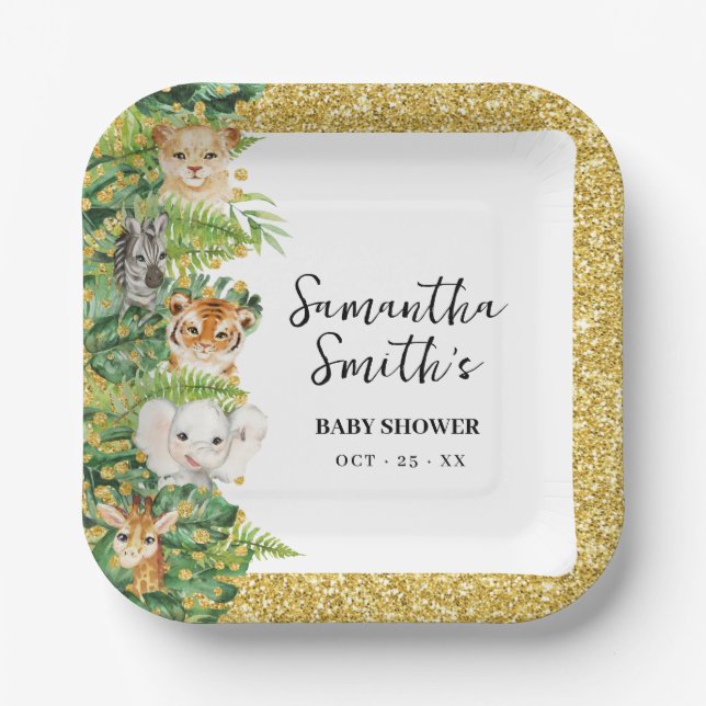 Wild One Safari Animals Gold Glitter Baby Shower P Paper Plate (Front)