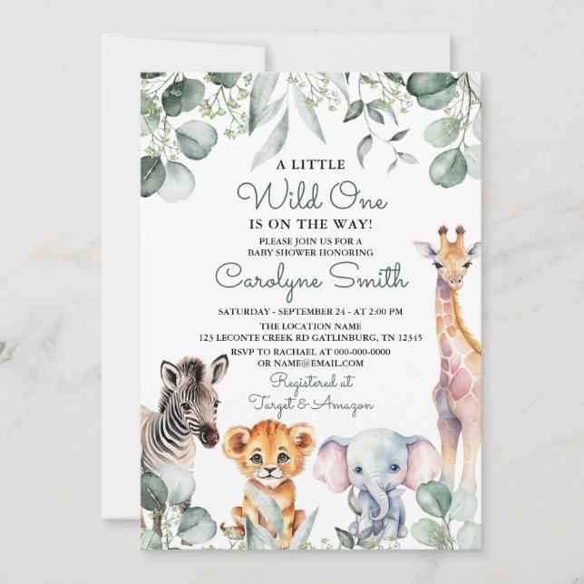 Wild One Safari Animals Greenery Baby Shower Invitation (Front)