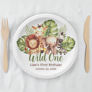 Wild One Safari Animals Greenery First Birthday Paper Plate