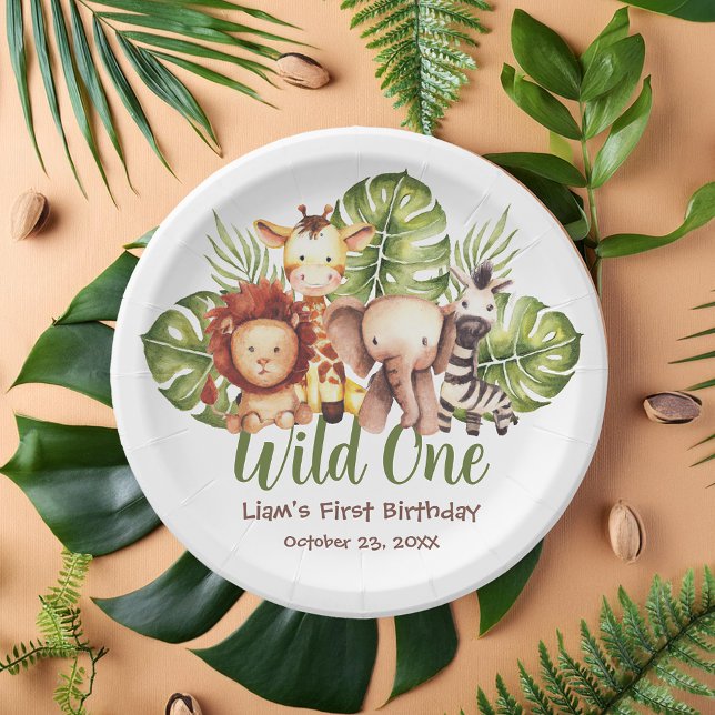 Wild One Safari Animals Greenery First Birthday Paper Plate (Creator Uploaded)