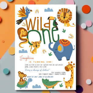 Wild one safari animals kids birthday party invitation