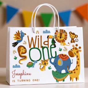 Wild one safari animals kids birthday party large gift bag