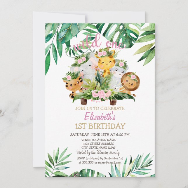 Wild One Safari Animals,Leaves 1st Birthday  Invitation (Front)