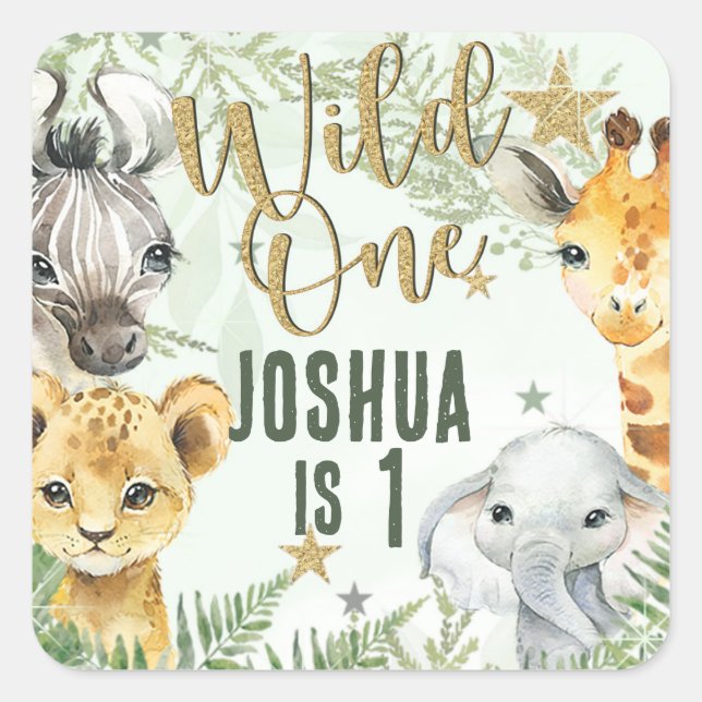 Wild One Safari Animals Square Stickers (Front)