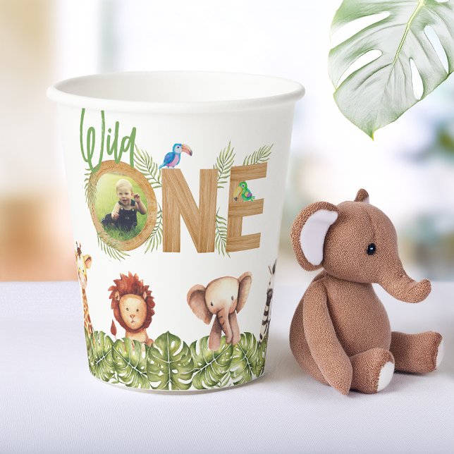 Wild One Safari Animals Wood  Photo First Birthday Paper Cups (Creator Uploaded)