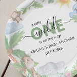 Wild One Safari Baby Shower Napkins Paper Plate<br><div class="desc">Baby shower paper plates featuring watercolor illustrations of a monkey,  parrot,  rhino and giraffe sitting amongst a green jungle background. The font styles,  size and colour can be changed by clicking on the customise further link after personalising.</div>