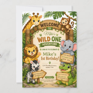 Wild One Safari Birthday Invitation Cute Jungle