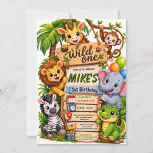 Wild One Safari Birthday Invitation Cute Jungle