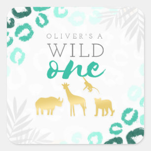 Wild One Safari Blue and Gold Leopard 1st Birthday Square Sticker