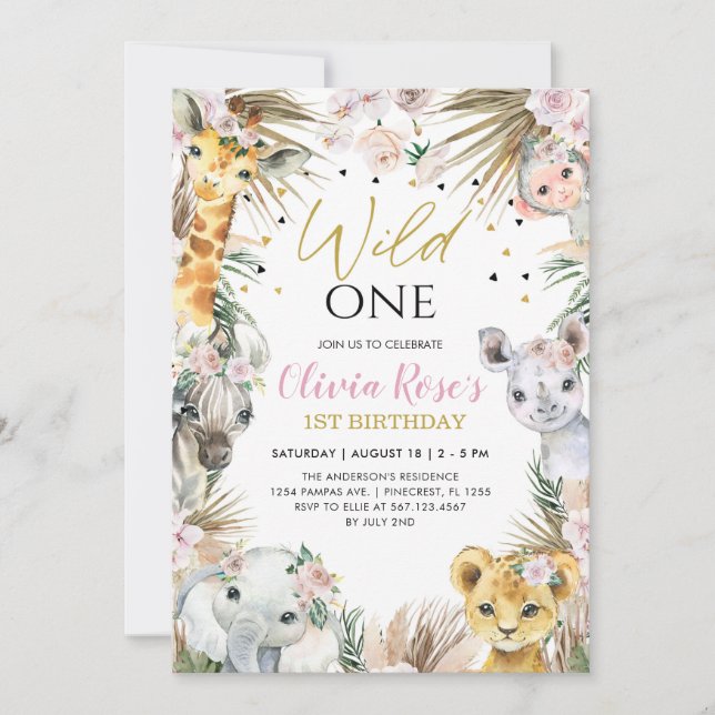 WILD ONE Safari Boho Pampas Animals 1st Birthday  Invitation (Front)