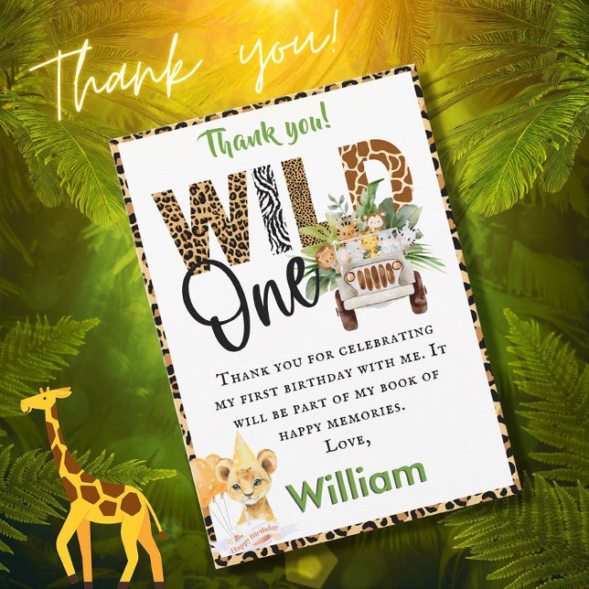 Wild One Safari  First Birthday Boy Thank You Card (Creator Uploaded)