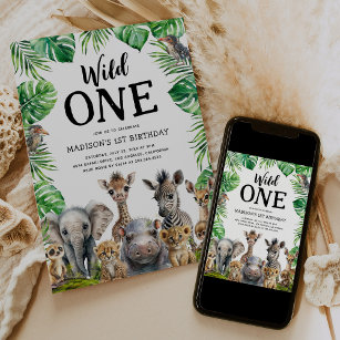 Wild One Safari First Birthday Party Invitation