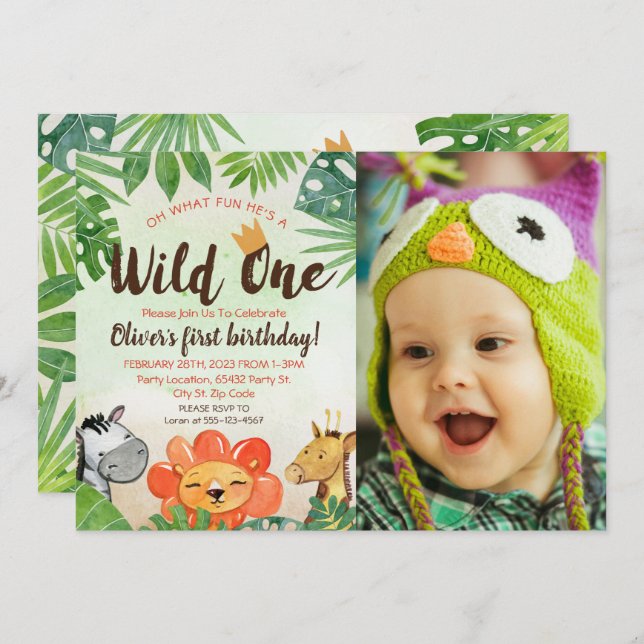 Wild One, Safari First Birthday, Photo Invitation (Front/Back)