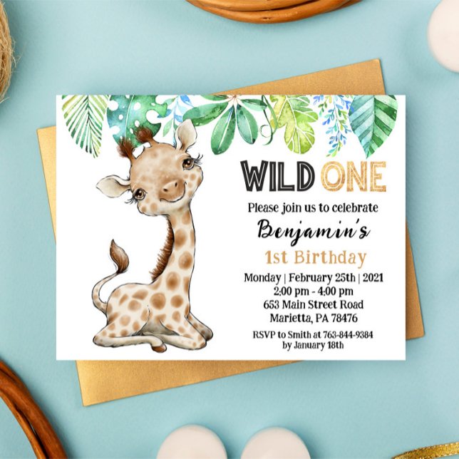 Wild One Safari Giraffe Birthday Invitation Postcard (Creator Uploaded)