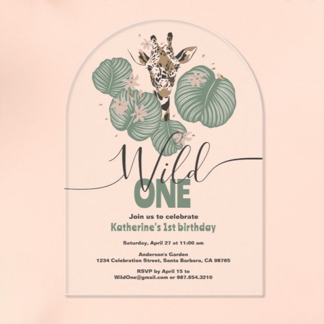 Wild One Safari Giraffe Cute Animal Birthday Party Acrylic Invitations (Creator Uploaded)