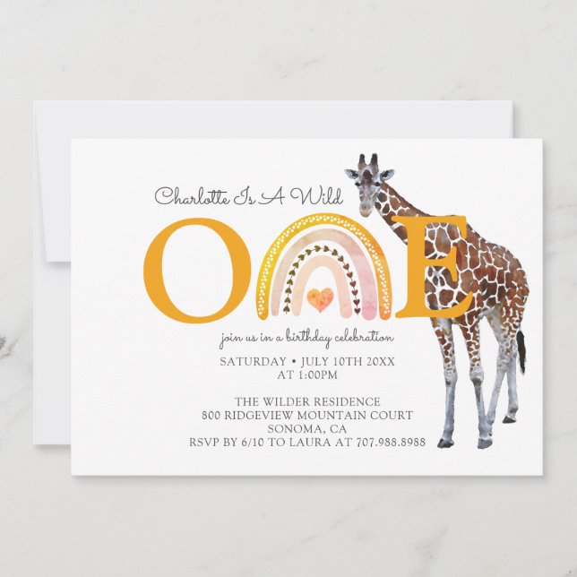 Wild One Safari Giraffe Girl's First Birthday Invitation (Front)