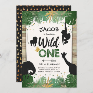 Wild One Safari Gold Boy Animals Birthday Party Invitation