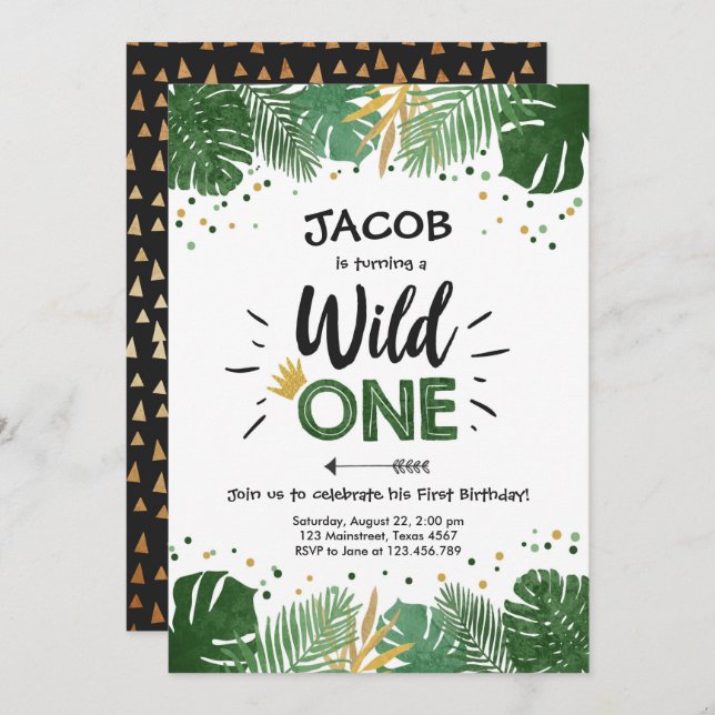 Wild One Safari Gold Boy Animals Birthday Party Invitation (Front/Back)