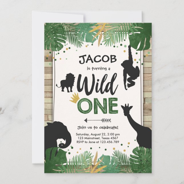 Wild One Safari Gold Boy Animals Birthday Party Invitation (Front)