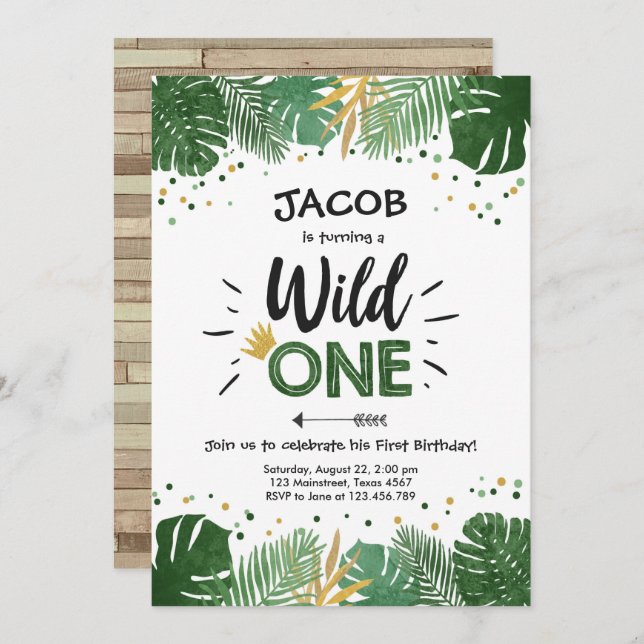 Wild One Safari Gold Boy Animals Birthday Party Invitation (Front/Back)