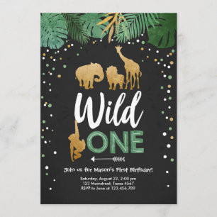 Wild One Safari Gold Boy Animals Birthday Party Invitation
