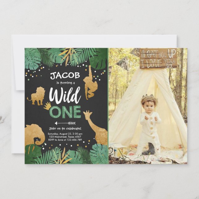 Wild One Safari Gold Boy Animals Birthday Party Invitation (Front)
