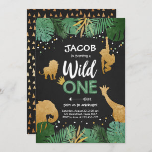 Wild One Safari Gold Boy Animals Birthday Party Invitation