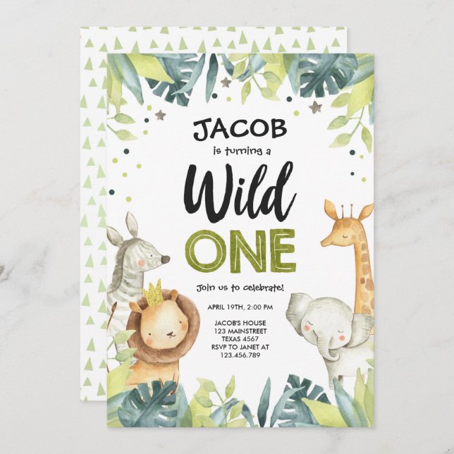 Wild One Safari Gold Boy Green Animals Birthday Invitation (Front/Back)
