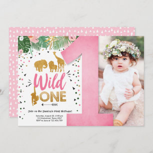 Wild One Safari Gold Girl Pink Animals Birthday Invitation