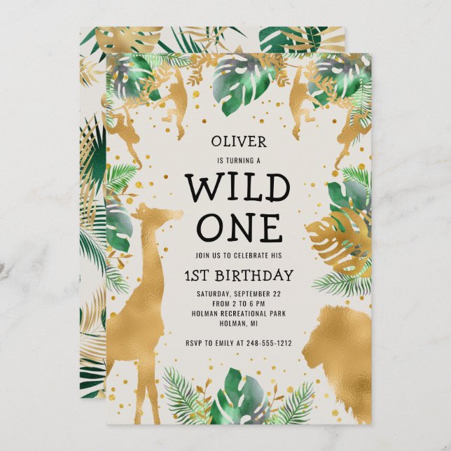 Wild One Safari Green Gold Ecru 1st Birthday Invitation (Front/Back)