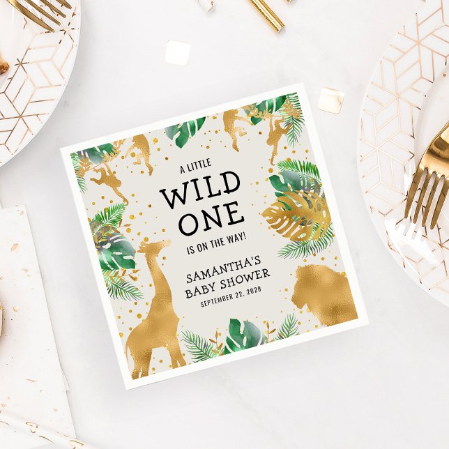 Wild One Safari Green Gold Ecru Baby Shower Napkin (Creator Uploaded)