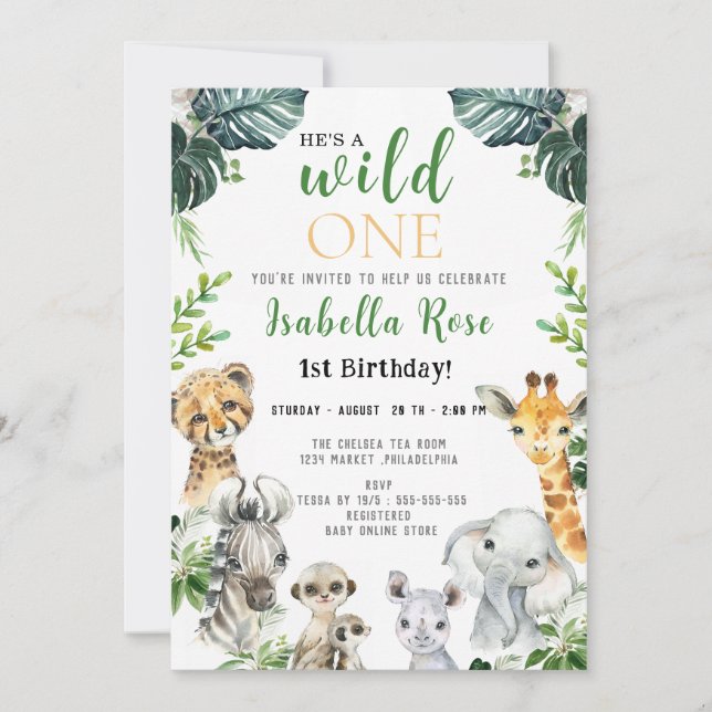 Wild One Safari green leaves Birthday Invitation (Front)