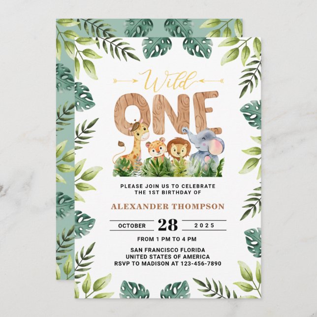 Wild One Safari Greenery Jungle 1st Birthday Party Invitation (Front/Back)
