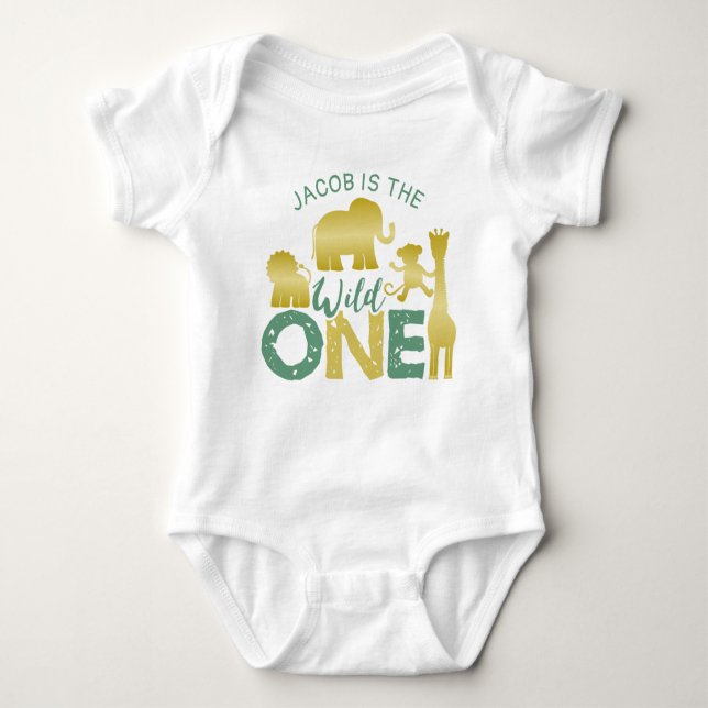 Wild One Safari Jungle 1st Birthday Gold Green Baby Bodysuit (Front)