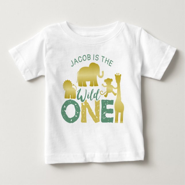 Wild One Safari Jungle 1st Birthday Gold Green Baby T-Shirt (Front)
