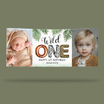 Wild One Safari Jungle 1st Birthday Photo Banner<br><div class="desc">Safari 1st birthday party banner featuring a simple white background,  2 cute photos,  green glitter,  tropical jungle palm leaves,  the saying "wild one" in different animal prints,  and the name of the child.</div>