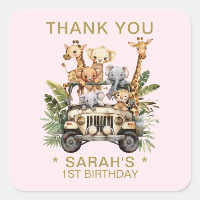 Wild One Safari Jungle 1st Birthday Thank You Pink Square Sticker (Front)