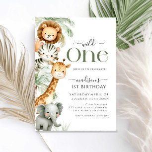 Wild One Safari Jungle Animal Boy 1st Birthday Inv Invitation
