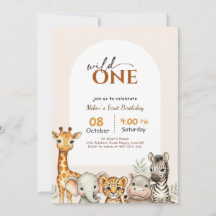 Wild One Safari Jungle Animal Boy 1st Birthday Invitation