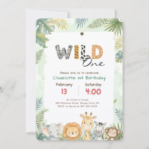 Wild One Safari Jungle Animal Boy Kid 1st Birthday Invitation